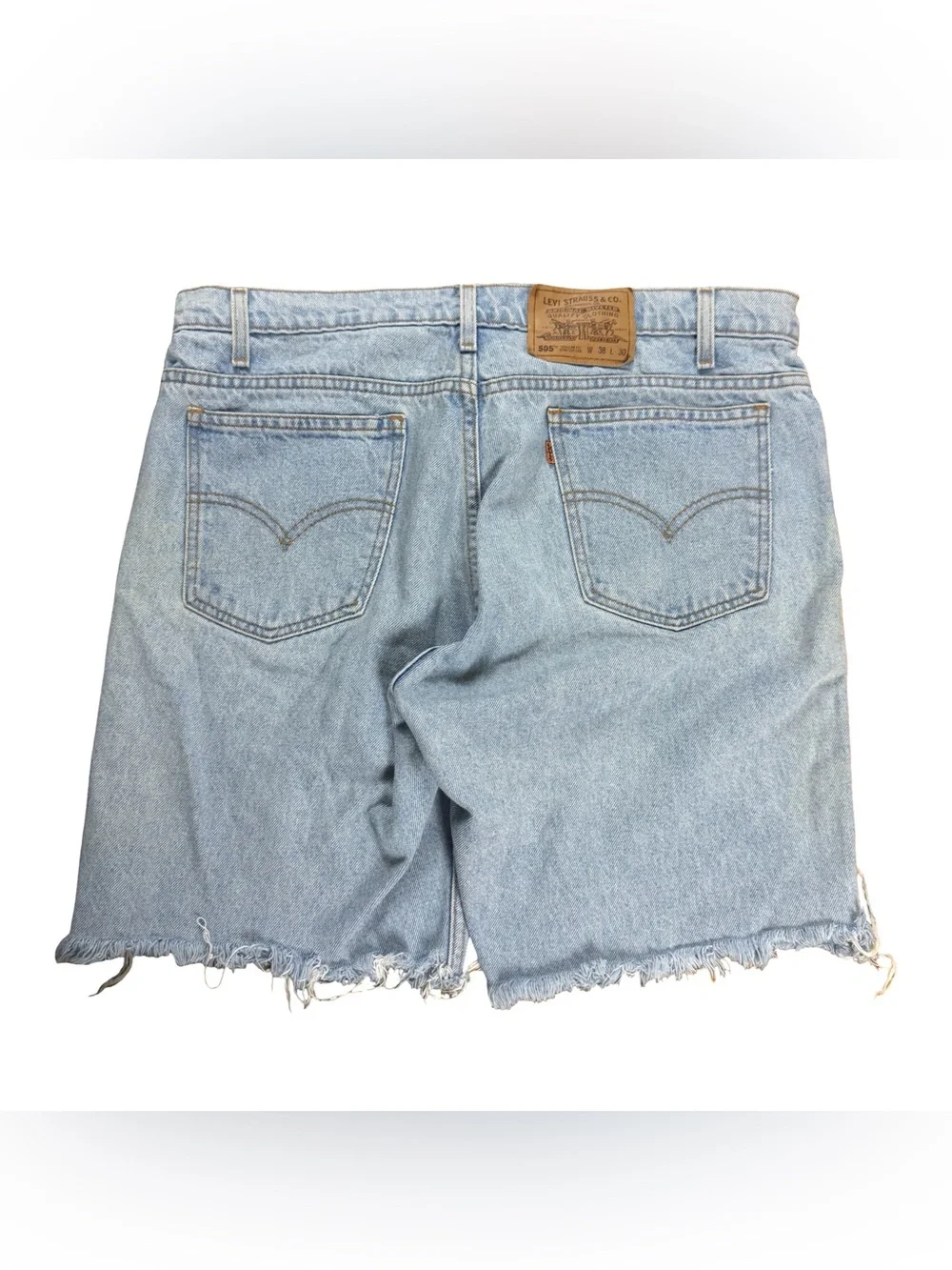 Vintage 90s Levis 505 Light Wash Orange Tab Blue Denim Jean Shorts Size 38